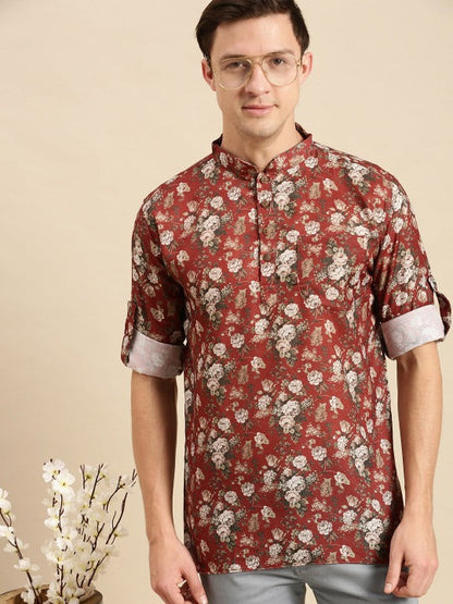 Men’s Red Floral Printed Mandarin Collar Kurta Shirt